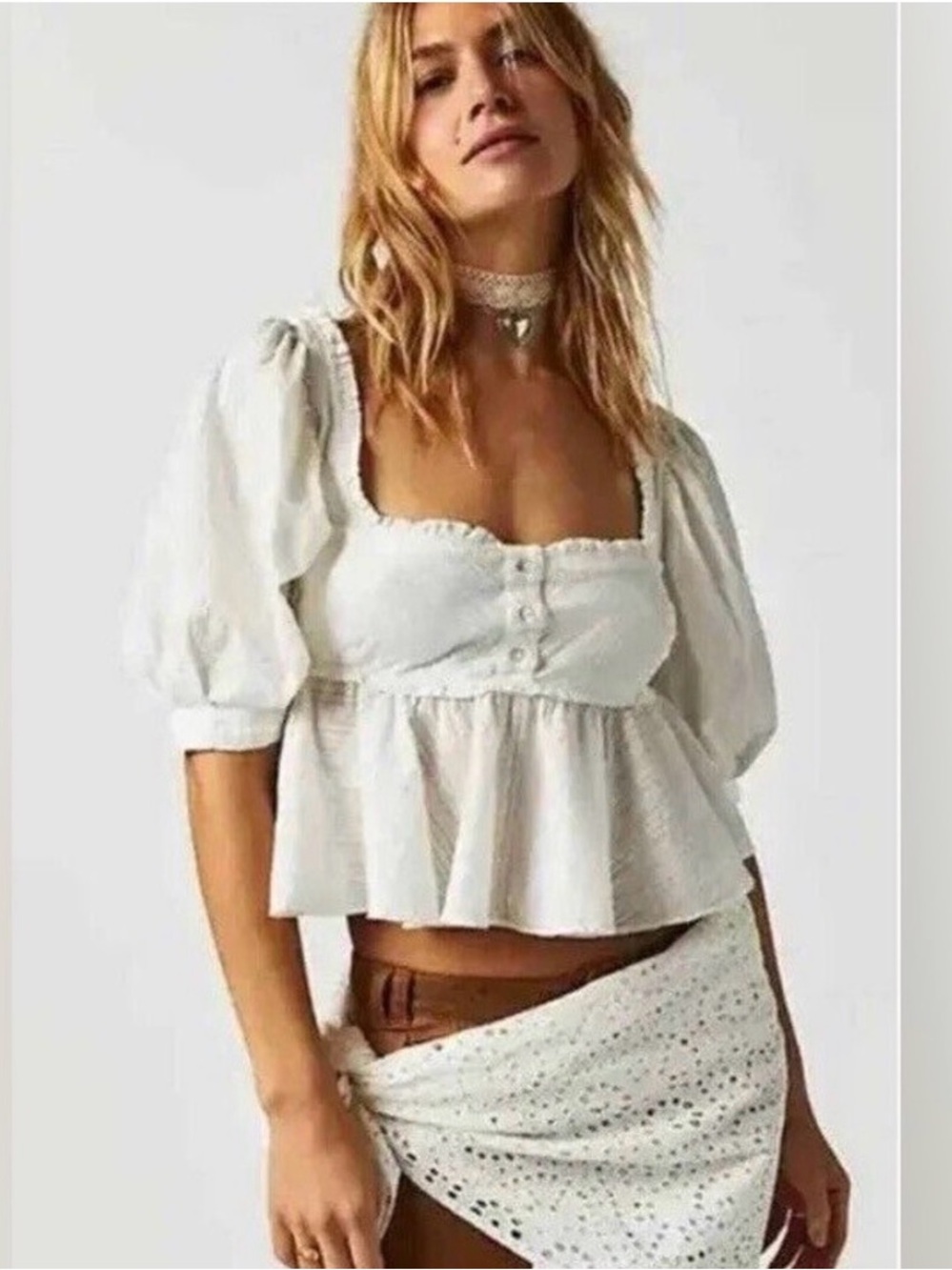 Free People White Puff-Sleeve Peplum Crop Top